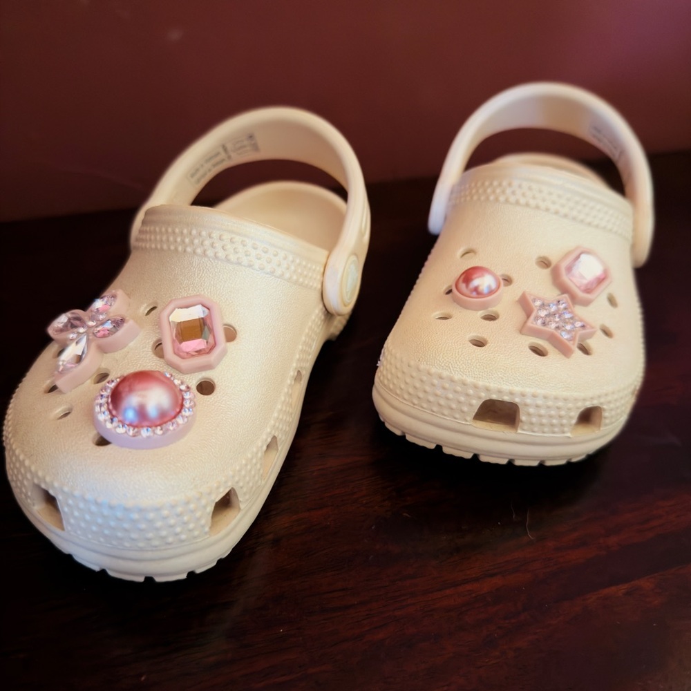CROCS Kids Cream Clogs with Pink Jewel Charms